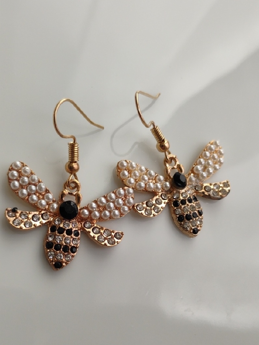 Gold tone Bee Drop Earrings with Pearls and Black Crystals